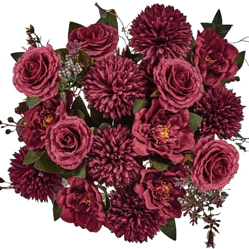LA.PONEE Lot de 2 bouquets de fleurs artificielles d'hortensias et de pivoines pour décoration de mariage, fleurs en soie avec tiges, centre de table floral faux pour table, sans vase (rouge bordeaux)