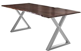 SAM Esstisch 220x100 cm Lubin, Akazienholz nussbaumfarben, Massiver Esszimmertisch mit echter Baumkante, Baumkantentisch mit geschlossenem X-Gestell Silber, 26 mm Tischplatte