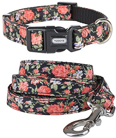 YUDOTE Hundehalsband und Leine Set mit Pfingstrosen-Blumendruck,2, täglichen Gebrauch von klein weiblichen Eckzähnen