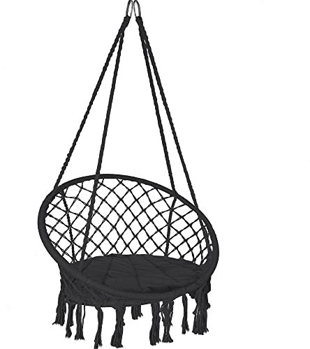 VOUNOT Hängande Fransstol med bekväma sittdynor Ø80 cm gungstol för inomhus och utomhus hängande säte svart