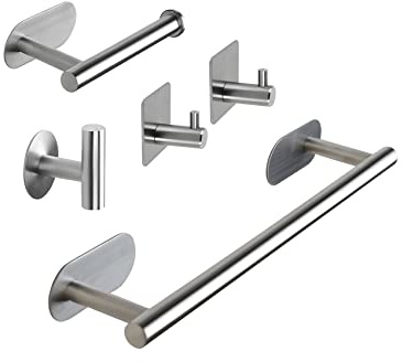 yozhch Bathroom Towel Rail Set, Self Adhesive Toilet Roll Holder and Towel Rack, 3 Towel Robe Hook, 5 Pieces Bath Hardware Accessories No Drilling 40cm Towel Bar Kit (Brushed Silver)