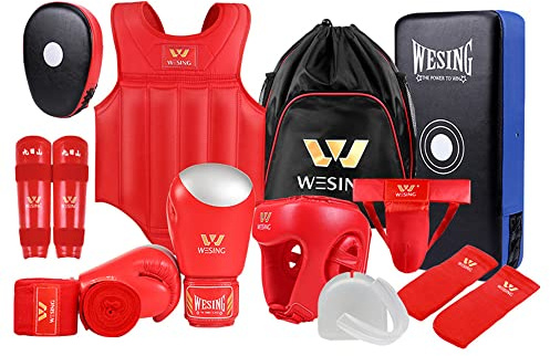 Wesing Martial Arts Protector Equipments Sanda Kickboxing kit 11pcs Gear Set for Men Women (S, Red)