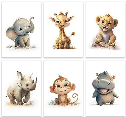 LAVEMA Bilder Kinderzimmer | Glückliche Safari Tiere | Poster A4 (21x30cm) ohne Bilderrahmen | Babyzimmer Deko | Wanddeko Beige Poster | Baby Junge Mädchen Dekoration