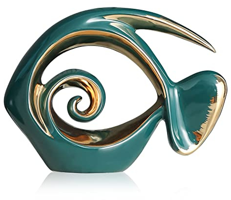 Statuette di pesce in ceramica verde oro – decorazione per la casa costiera, centrotavola moderno oceano per soggiorno, sala da pranzo, bagno, ufficio, tavolino, casa sulla spiaggia, nautica, mare