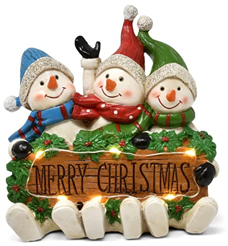 Gift Boutique - Mini Merry Christmas Snowman Trio LED Table Topper Decor Resin Winter Figurine Centerpiece Tabletop Sign for Fireplace, Mantle, Living Room, Home Party Xmas Snowmen Holiday Decorations