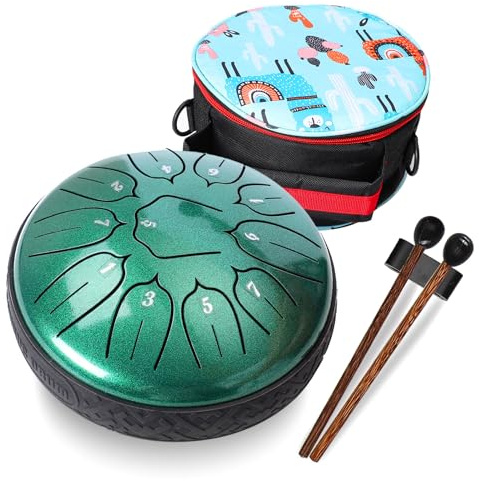 Javik Steel Tongue Drum 11 Notes 6 Inch - D Major Hand Pan Steel Drums Musical Instruments - Metal Meditation Drum Percussion with Bag Music Book Mallets for Adults Beginner(Green)