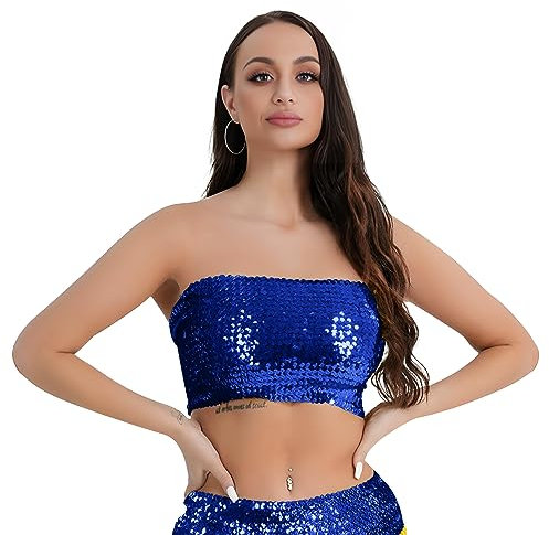 Faxianther Damen Glitzer Crop Top Pailletten Tube Top Sommer Schulterfreies Trägerlos Tops Rave Stretch Oberteil Bandeau BH für Party Tanzen Raves Festival Clubwear Kostüme