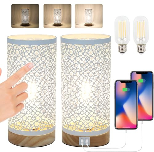 LALISU Nachttischlampe Touch Dimmbar 2er Set, Weiß | Dimmbar per Touch, 2 USB-Ladeanschlüsse, inkl. 2 LED-Birnen, Vintage Lampenschirm für Schlafzimmer, Wohnzimmer & Babyzimmer