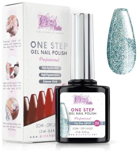 One Step Gel Nail Polish UV/LED 12 ml - Sky Blue Glitter - Gel Nail Polish Glitter - Electric Effect Nails with or without Base and Top Coat