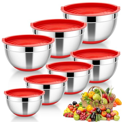 HaWare Rührschüssel 7er Set, Edelstahl Schüssel Salatschüssel mit Luftdichtem Deckel und Silikonboden, Ideal zum Kochen Backen, Spülmaschinenfest, 4,6L /3,5L /2,8L /2,5L /1,5L /1,2L /0,7L - Rot