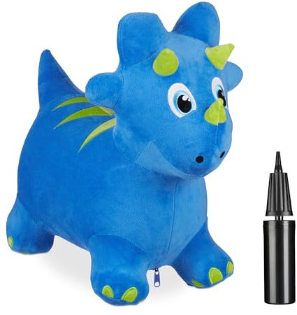Relaxdays Hüpftier Dino, mit Bezug, inkl. Luftpumpe, Hüpfpferd bis 50 kg, BPA-frei, Hüpfdino ab 3 Jahre, blau/grün