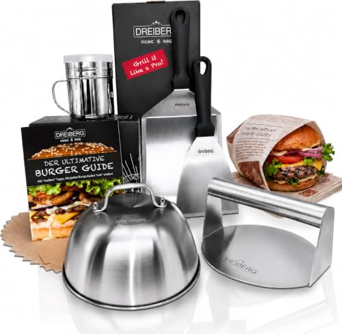 TREBERG Smash Burgerset i rostfritt stål för plancha, gasgrill, teppanyaki inkl. grillspatelset, hamburgarpapper, smältklocka, grillpress, kryddströare och receptbok (7 delar)
