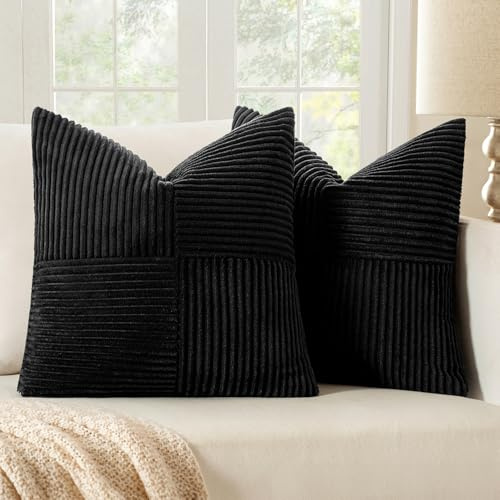 MIULEE 2er Set Kissenbezug 50x50cm Schwarz Kordvelours Kissenhülle | Kissenbezüge Sofakissen Dekokissen Boho Couchkissen Kord Dekorative Zierkissenbezug für Sofa