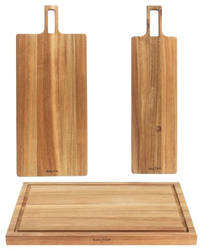 Salter Toronto Serving & Chopping Board Set – 3 Piece, Wooden Cutting Board, Large Grazing/Charcuterie Boards, FSC®- Certified Acacia Wood, Outer Grooves for Crumbs/Juices, Easy to Clean, COMBO-9291