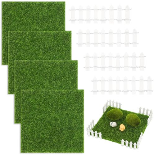 Giantree 4Pcs Artificial Garden Grass, Fake Turf Tiles for Balcony with 4 Pcs Garden Fence, 15 x 15cm Life-Like Fairy Artificial Grass Mat, Miniature Garden Ornament Dollhouse Decoration