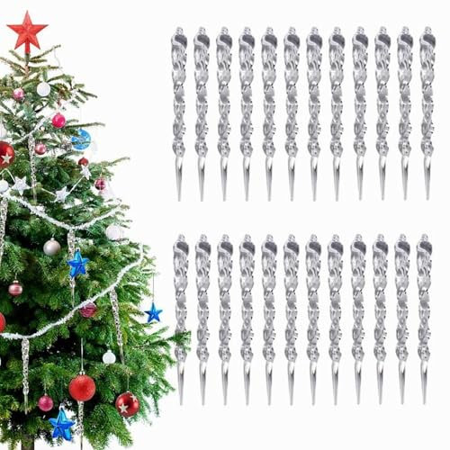 24 Piece Christmas Glass Icicle Ornaments, 5.12 Inch Twisted Clear Icicle Winter Decoration for Christmas Tree