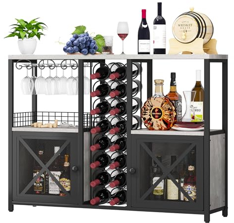 Homeiju Mini-Bars für Zuhause, Kaffee-Barschrank, moderner Likörschrank für Likör und Gläser, Bauernhaus-Buffet-Weinbarschrank mit Stauraum, Sideboard für Zuhause, Küche, Esszimmer (Hellgrau)