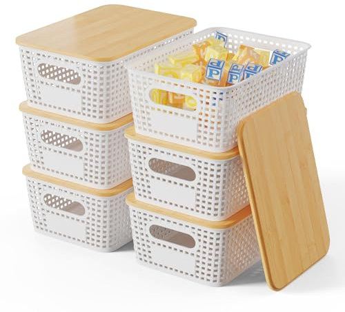 Shrivee Set di 6 5L Scatole portaoggetti di Plastica con Bambù Coperchio Impilabili Salvaspazio Storage Cestini per Bagno Cucina Armadio Ufficio