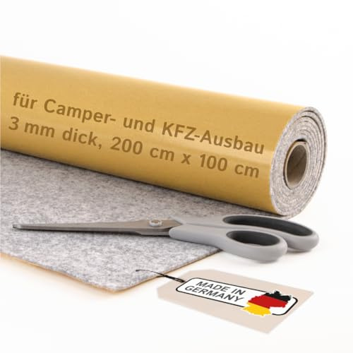 Selbstklebender Filz für Camper & Innenausbau – Meterware, Nadelfilz silbergrau, 200 x 100 cm, 3 mm dick – flexibel, isolierend - Made in Germany
