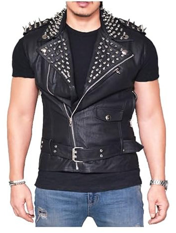 Peak Fashions Brando Herren Motorrad Lederweste mit Nieten Rebel Club Rock Punk, 02 Schwarz - Echtes Leder, XXXL
