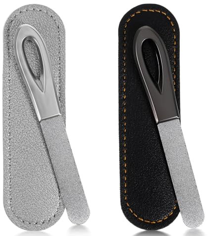 Stainless Steel Nail File Set (2 Pack) - Premium Metal Nail Files with Leather Case, Double-Sided Professional Manicure Tools for Acrylic/Gel Nails, Travel & Home Use (3.5 Inch, Black+Silver)