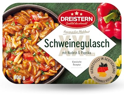 DREISTERN Schweinegulasch mit Nudeln & Paprika 900g I Herzhaftes Fertiggericht in Mikrowellenschale I Lange Haltbarkeit dank natürlicher Konservierung I Hausmacher Qualität