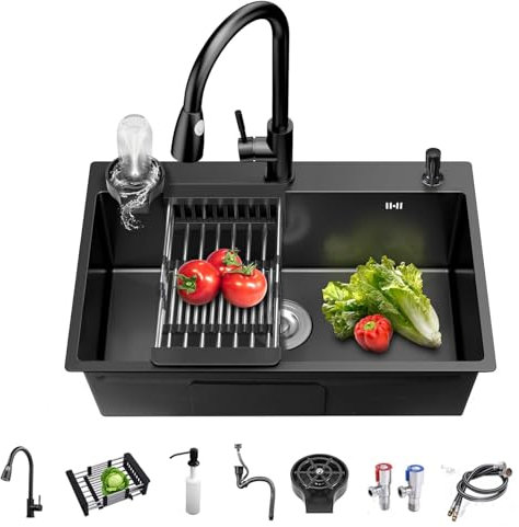 Fregadero de cocina compacto de acero inoxidable negro de 72 x 43 cm, cuenco individual con accesorios de drenaje y estante de secado, perfecto para cocinas pequeñas, bares y cuartos de servicio