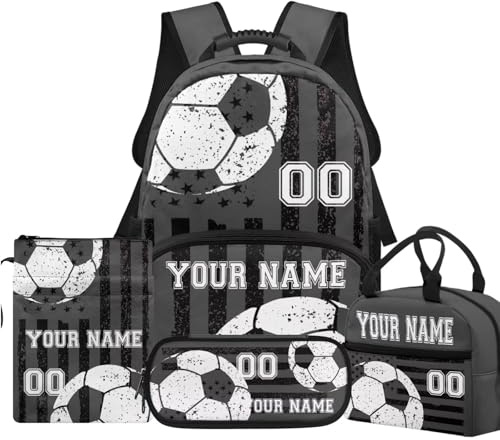 Gekhuqory Kids Personalised Name Football Backpack Boys Grey USA Flag 17 Inch Primary School Backpack with Multiple Compartments Book Sleeve