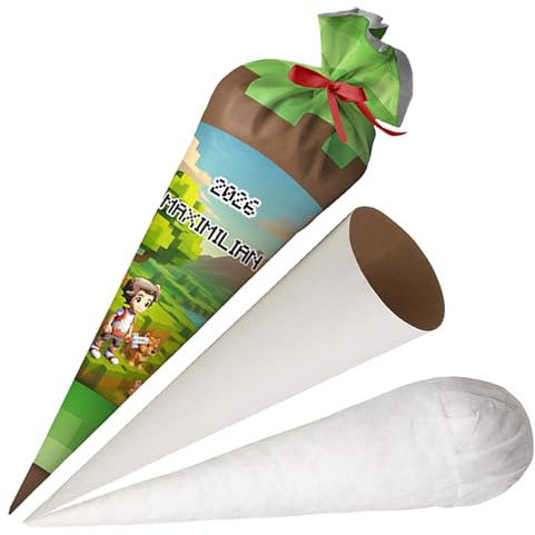 Ferocity Coussin pour cornet d'école, jeu vidéo avec nom pour garçon, sac de sucre personnalisé de 70 cm, en tissu, avec ébauche ronde en carton et rembourrage en billes de silicone, grand sac comme