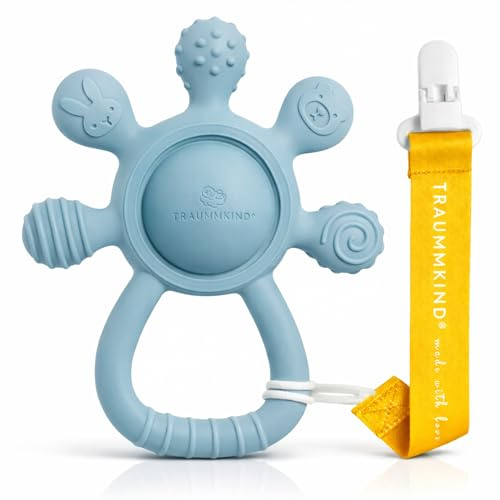 Traummkind Beißring Baby mit Rassel & Clip – Baby Zahnungshilfe aus BPA-freiem Silikon ab 3 Monate – Greifling & sensorisches Beißspielzeug, Babyrassel, Geschenk zur Geburt (Sandblau)