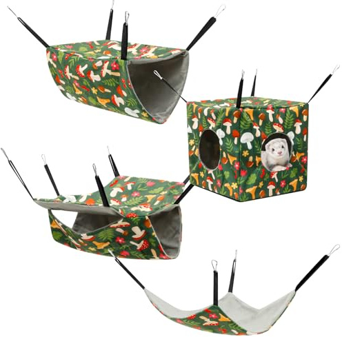 NIHUIFDPY Hamster Hammock House, 4Pack Hanging Rat Ferret Cage Accessories, Soft Warm Ferret Bunk Bed Hammock, Small Animals Bedding Hut for Hamster Rat Parrot Guinea Pig(green)