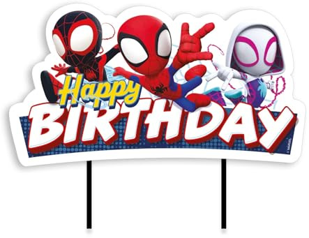dekora - Spidey Happy Birthday Cake Topper 17,5 × 15 cm – Offizielle Marvel Tortendeko, stabile Papierkarte mit lebensmittelechten Stäbchen