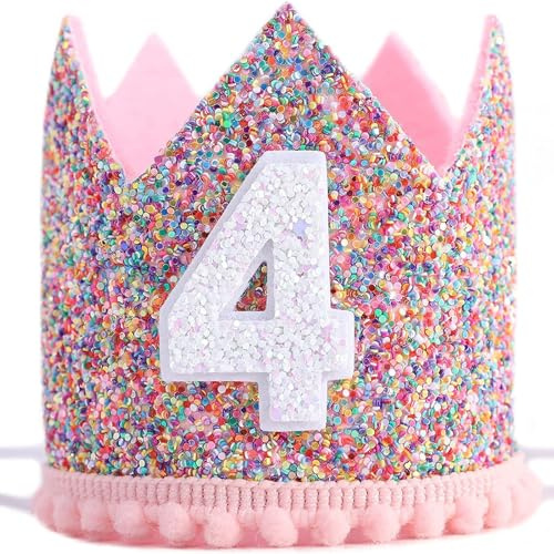 Shirene Glitter födelsedagskrona för 4:e födelsedagen flickor, födelsedagskrona barn, justerbar födelsedagshatt för barn, rosa prinsessa festhattar för barn, outfit och dekorationer present