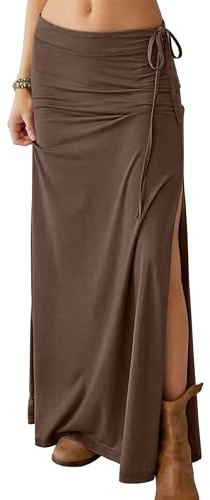 ANRABESS Womens High Waisted Side Slit Maxi Skirts, Brown, S
