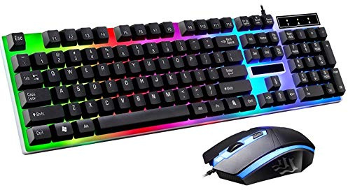 Mechanical Gaming Keyboard and Mouse Set Rainbow LED USB Wired Desktop Combo (Black)