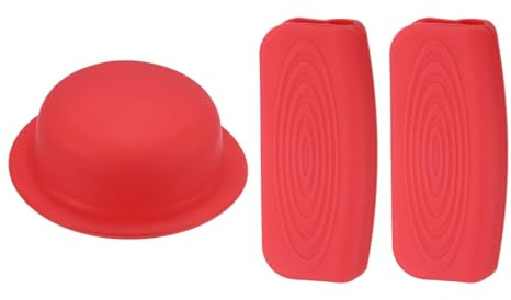 M METERXITY 3-Pack Silicone Pot Lid Covers & Silicone Assist Handle Holder Grip, Heat Resistant Lid Knob Handle Caps for Kitchen Cookware, Non-Slip Safe Grip Protectors [Red]