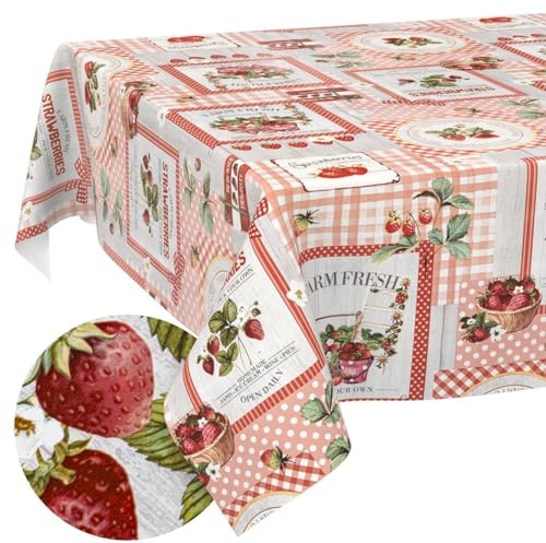 Vaxduk, bordsduk, tvättbar, lättskött, lotuseffekt utomhus, trädgårdsbordsduk, jordgubbar 140 x 120 cm (rektangulär)