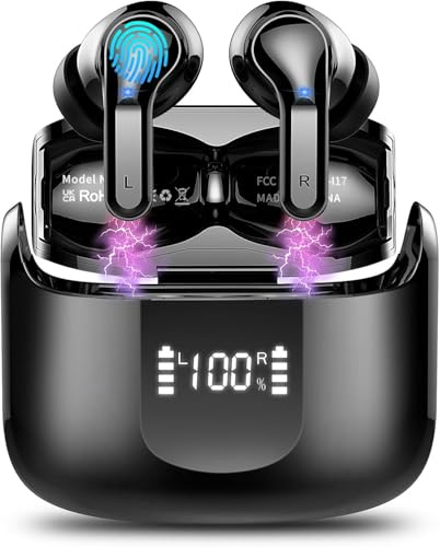 Ordtop Cuffie Bluetooth, Auricolari Bluetooth 5.4 con 4 HD ENC Cancellazione Rumore Mics, 40 Ore HiFi Stereo Cuffiette Bluetooth con LED Display USB-C, IP7 Impermeabili Cuffie Wireless per Android/iOS