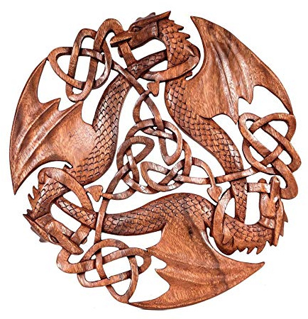 Windalf Celtic Wandbild Holzornament ACAR Ø 30 cm DREI keltische Drachen Wandrelief Handarbeit aus Holz