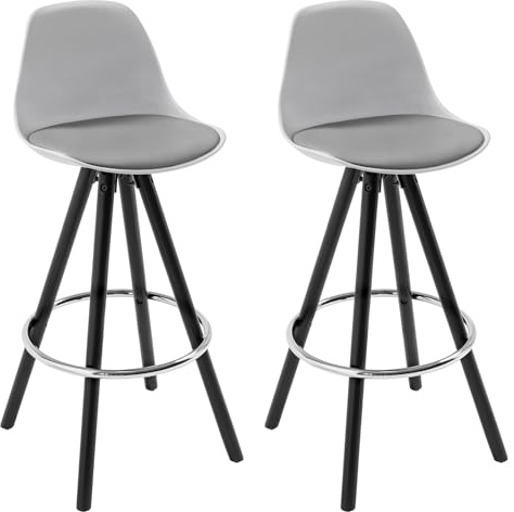 WOLTU Barhocker 2er Set, mit Lehne, Kunstleder+Holz, Schwarze Beine, Grau | Barstuhl mit Fußstütze, Design Stuhl 75cm, Küchenstuhl Holzgestell, Hocker für Küche Bar