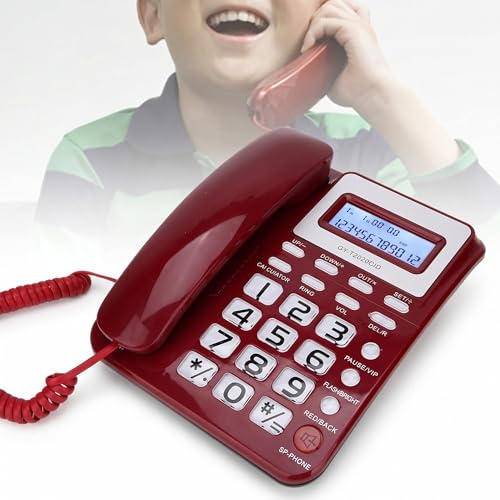 Telefono con Filo da Scrivania con Display ID Chiamante, GY-T2020CID Telefono Fisso Cablato con Funzione Calcolatrice, Supporto Chiamate e Controllo Record per Casa, Hotel, Rosso