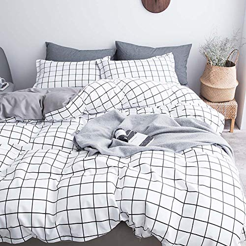 Michorinee Double Duvet Cover Sets Black and White Grid Checked Gingham Reversible Bedding with Pillow Cases 3 Pcs Microfiber Quilt Cover Set Zipper Closure