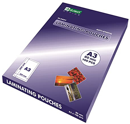 D.RECT Laminierfolien A3 80mic - Heißlaminierfolien Glänzend - Laminierfolie Verpackung 100 Stück, Folierfolien Transparent