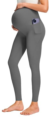 JOYSPELS Mamma-leggings över magen med fickor icke-genomskinliga träningskläder graviditet leggings, Grå, S
