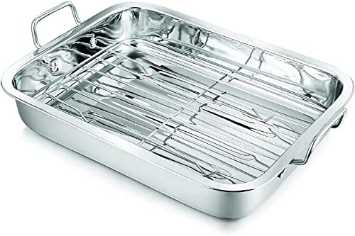 VEGO Stainless Steel DEEP Roasting Tray Oven Professional Lasagna Pan Dish Baking Roaste Medium (31 x 24 x 5 cm)