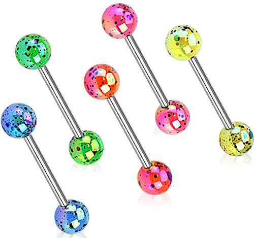 Paula & Fritz® Zungenpiercing-s Acryl 6-mm Kugel Chirurgenstahl 16-mm Stablänge 1,6-mm Stabdicke Mehrfarbig Set Barbell Edelstahl Gerade Hantel