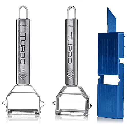 TURBO PRODUKTE Pelapatate turbo e taglierina julienne turbo con tavola a pialla – Set di 3 pelapatate, sbucciatori juliane e pialla – Miglior acciaio inox