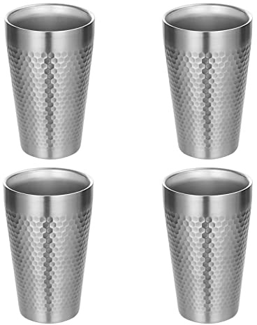 UPTALY 4 Stück Edelstahlbecher (450 ml/Per, Silber), Diamant-Hammer-Muster, leichte Eisteetassen, doppelwandiger Bierkrug, wiederverwendbarer Metall-Kaffeebecher, für Camping, Outdoor, Party