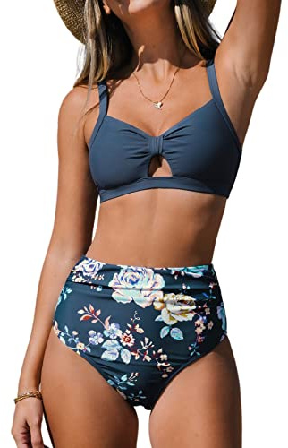 CUPSHE Bikini set för kvinnor, V-ringning, dekorativa snitt, spetsklänning, bikini, badmode, hög midja, blommönster, tvådelad baddräkt, baddräkt, Marinblå, XS