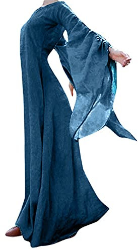 AMDOLE Baumwollkleider für Damen, Gothic-Kleid, Retro, einfarbig, lange Ärmel, Ballkleid, langes Maxikleid, Herbst, Winter, lockeres Kleid, Surplice-Kleider, blau, 5XL
